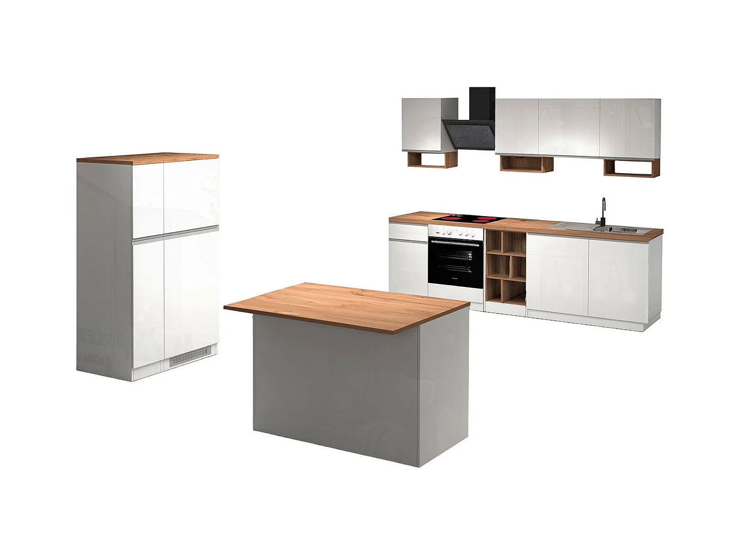 Cuisine complète Daquilant, Ensemble avec garde-manger, Meuble de kitchenette, Kit bloc avec îlot et porte-frigo, 100% Made in Italy, Blanc brillant et chêne