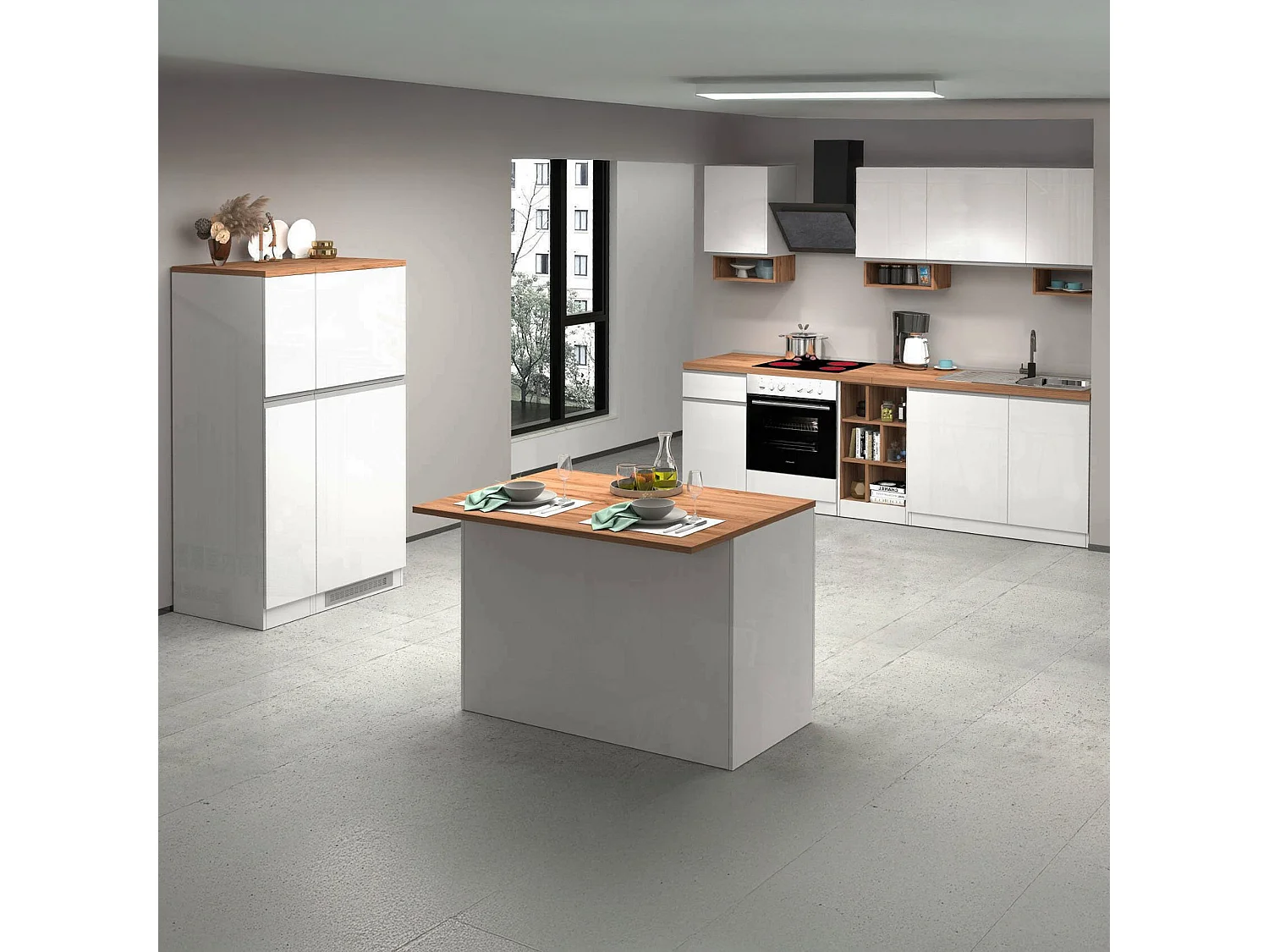 Cuisine complète Daquilant, Ensemble avec garde-manger, Meuble de kitchenette, Kit bloc avec îlot et porte-frigo, 100% Made in Italy, Blanc brillant et chêne
