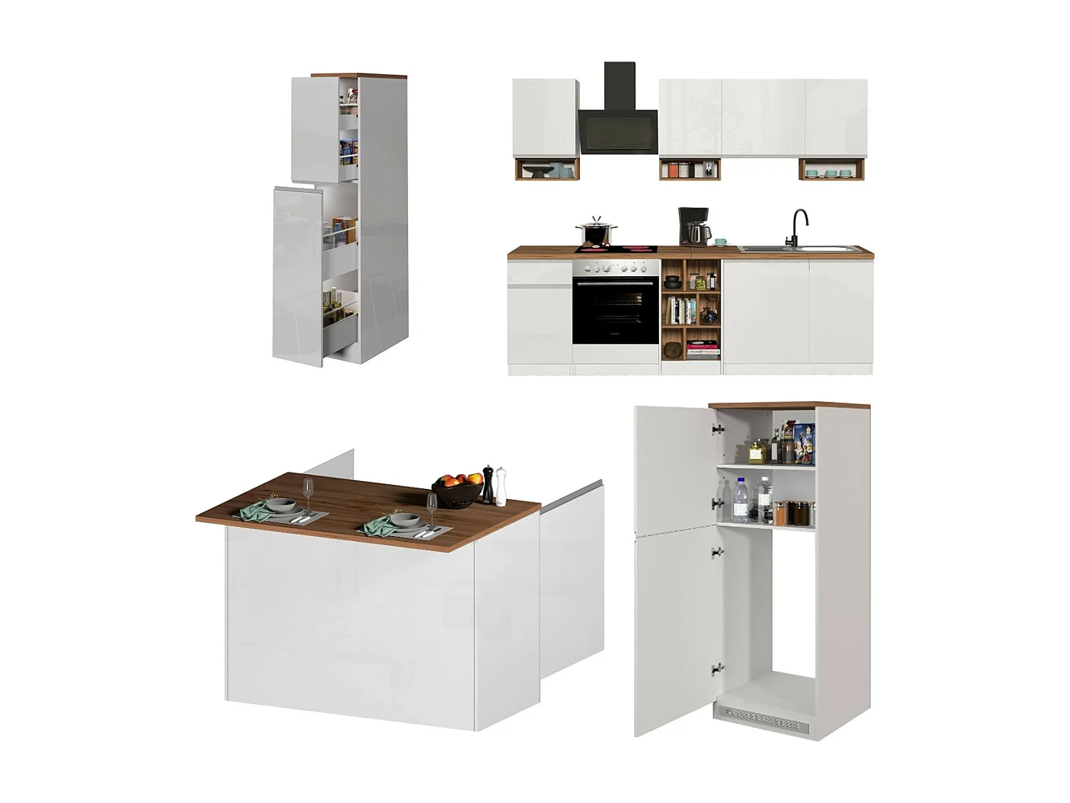 Cuisine complète Daquilant, Ensemble avec garde-manger, Meuble de kitchenette, Kit bloc avec îlot et porte-frigo, 100% Made in Italy, Blanc brillant et chêne
