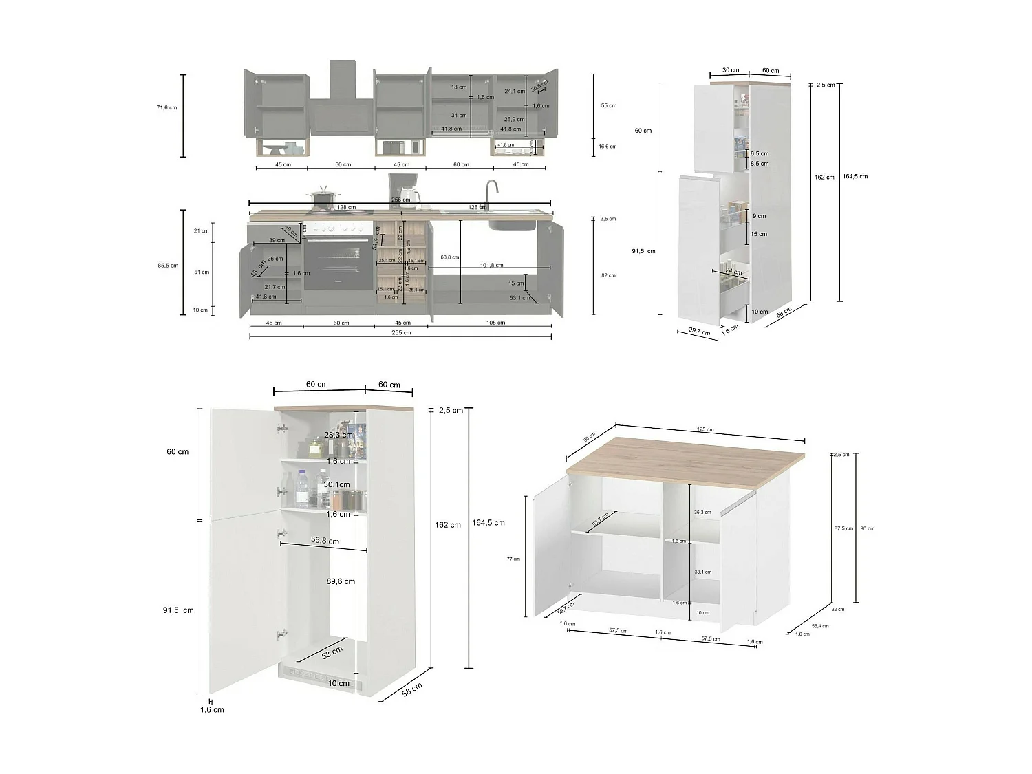 Cuisine complète Daquilant, Ensemble avec garde-manger, Meuble de kitchenette, Kit bloc avec îlot et porte-frigo, 100% Made in Italy, Blanc brillant et chêne