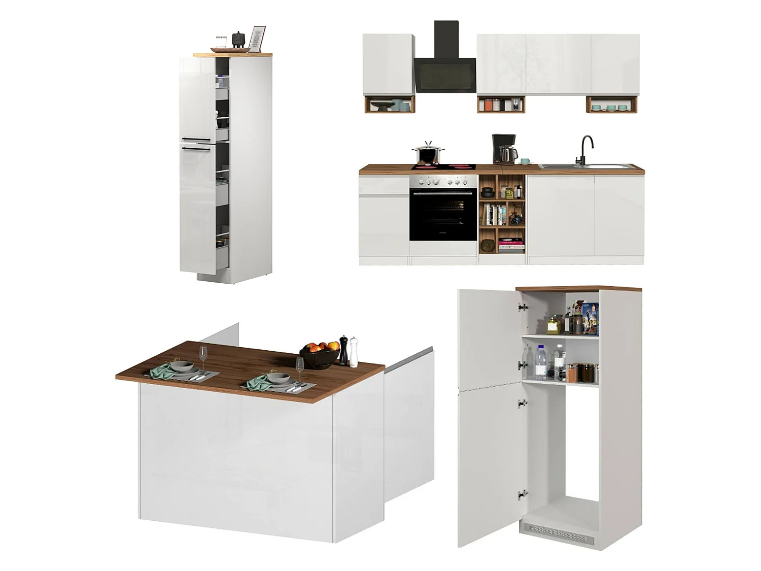 Cuisine Armend, 30 étagères fabriquées en Italie, blanc brillant, kitchenette, modulable, 3 tiroirs, Électroménagers non inclus
