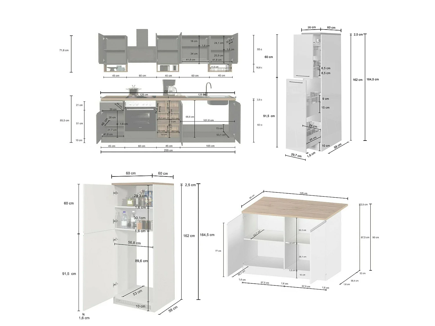 Cuisine Armend, 30 étagères fabriquées en Italie, blanc brillant, kitchenette, modulable, 3 tiroirs, Électroménagers non inclus