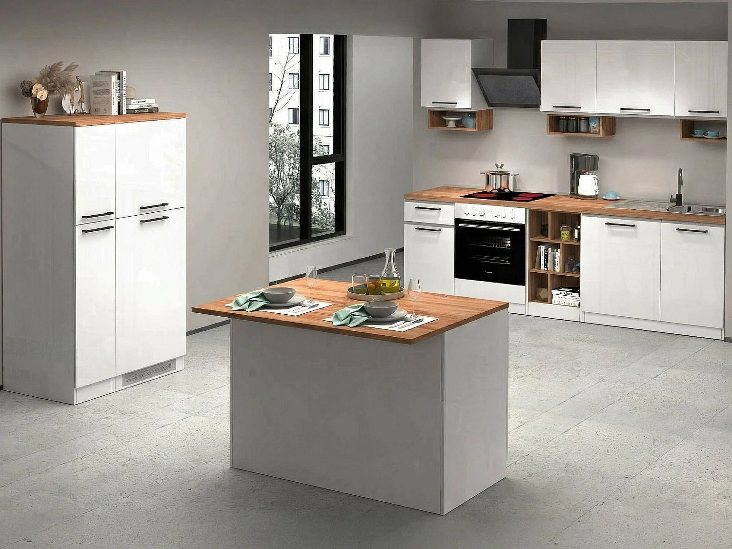 Cuisine Armend, 30 étagères fabriquées en Italie, blanc brillant, kitchenette, modulable, 3 tiroirs, Électroménagers non inclus