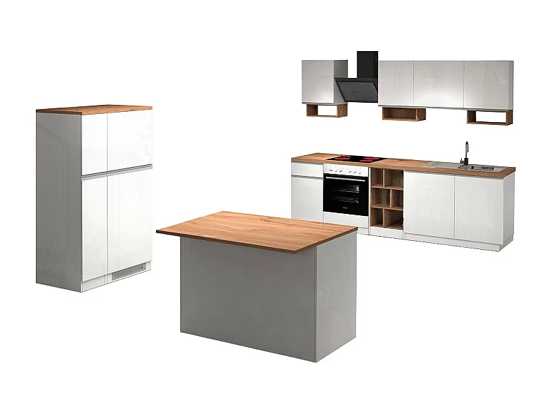 Cuisine complète Daquilant, Ensemble avec garde-manger, Meuble de kitchenette, Kit bloc avec îlot et porte-frigo, 100% Made in Italy, Blanc brillant et chêne