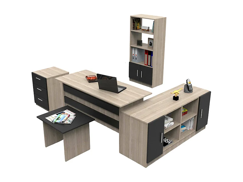 Set de bureau Drasmusse, Composition du studio, Kit de bureau, Ensemble de bureau et de tiroirs, Chêne et Noir