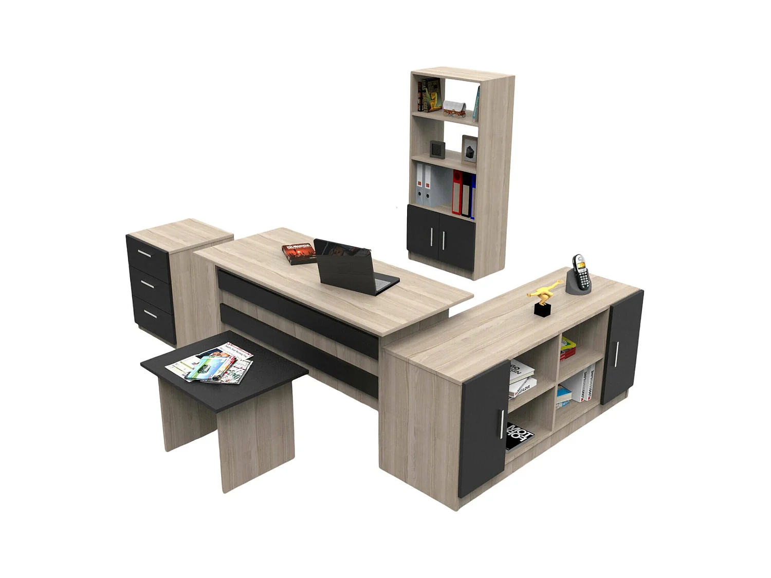 Set de bureau Drasmusse, Composition du studio, Kit de bureau, Ensemble de bureau et de tiroirs, Chêne et Noir