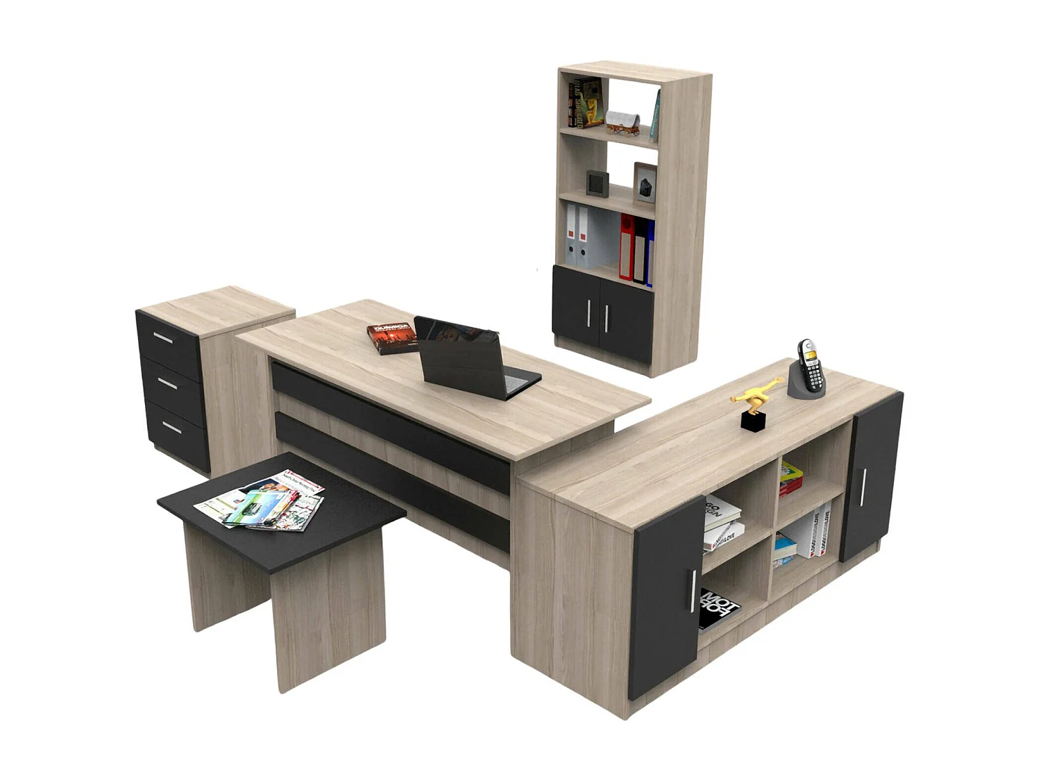 Conjunto de escritório Drasmusse, Composição de estudo, Kit de escritório, Conjunto de secretária e cómoda, Carvalho e Preto