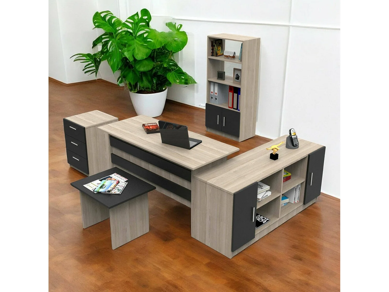 Conjunto de escritório Drasmusse, Composição de estudo, Kit de escritório, Conjunto de secretária e cómoda, Carvalho e Preto