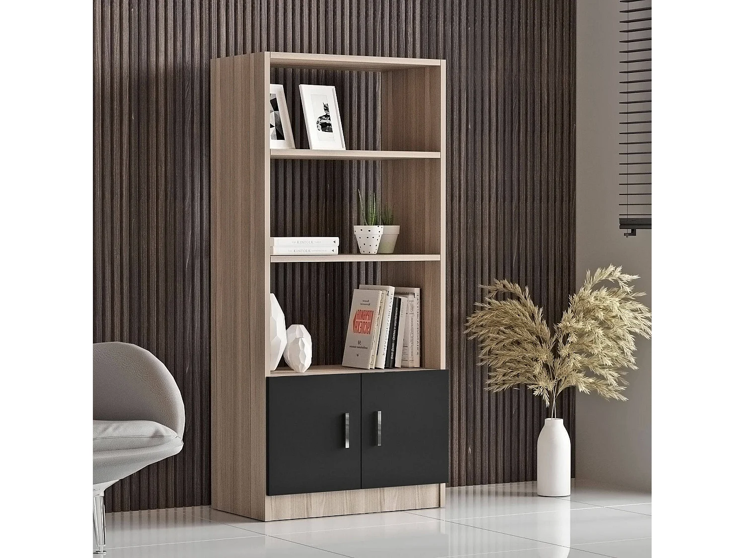 Conjunto de escritório Drasmusse, Composição de estudo, Kit de escritório, Conjunto de secretária e cómoda, Carvalho e Preto