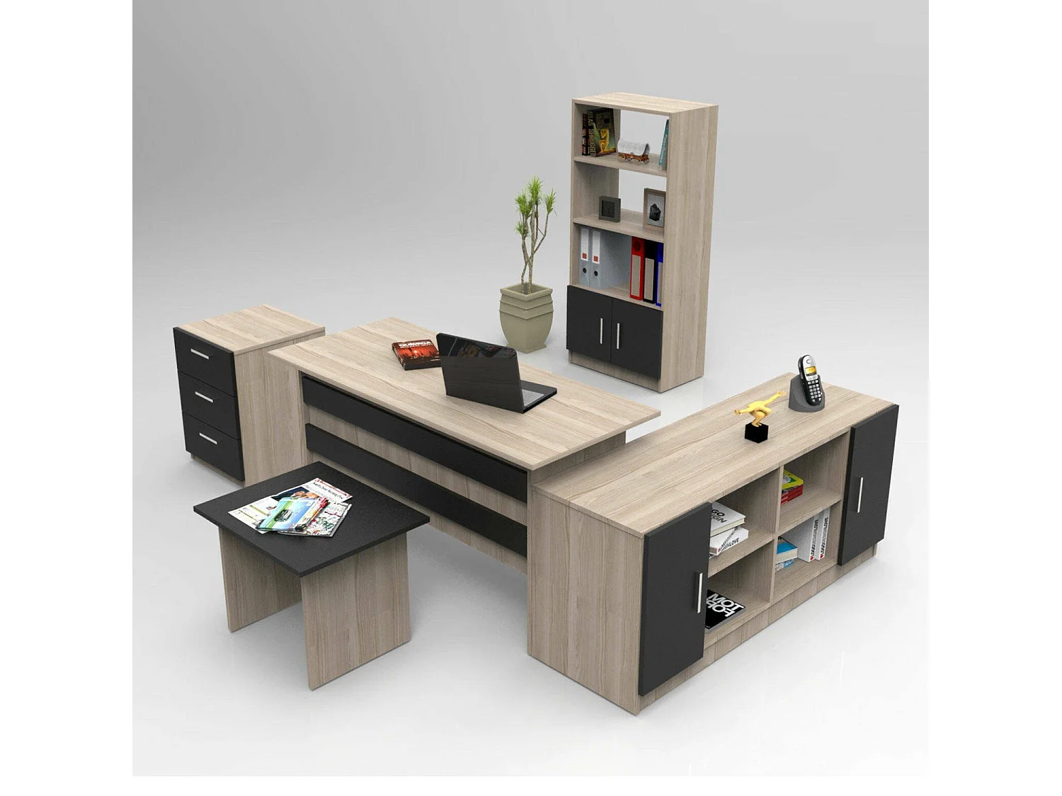 Conjunto de escritório Drasmusse, Composição de estudo, Kit de escritório, Conjunto de secretária e cómoda, Carvalho e Preto