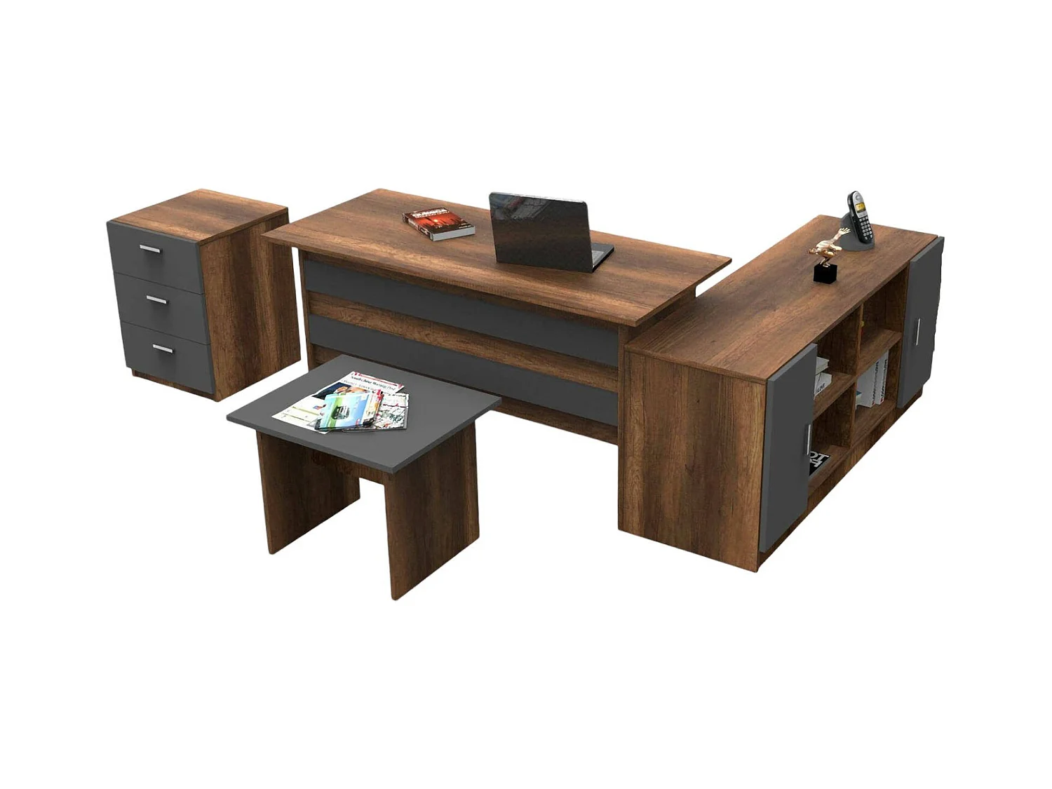 Set de bureau Dgiovannin, Composition du studio, Kit de bureau, Ensemble de bureau et de tiroirs, Noyer et Anthracite