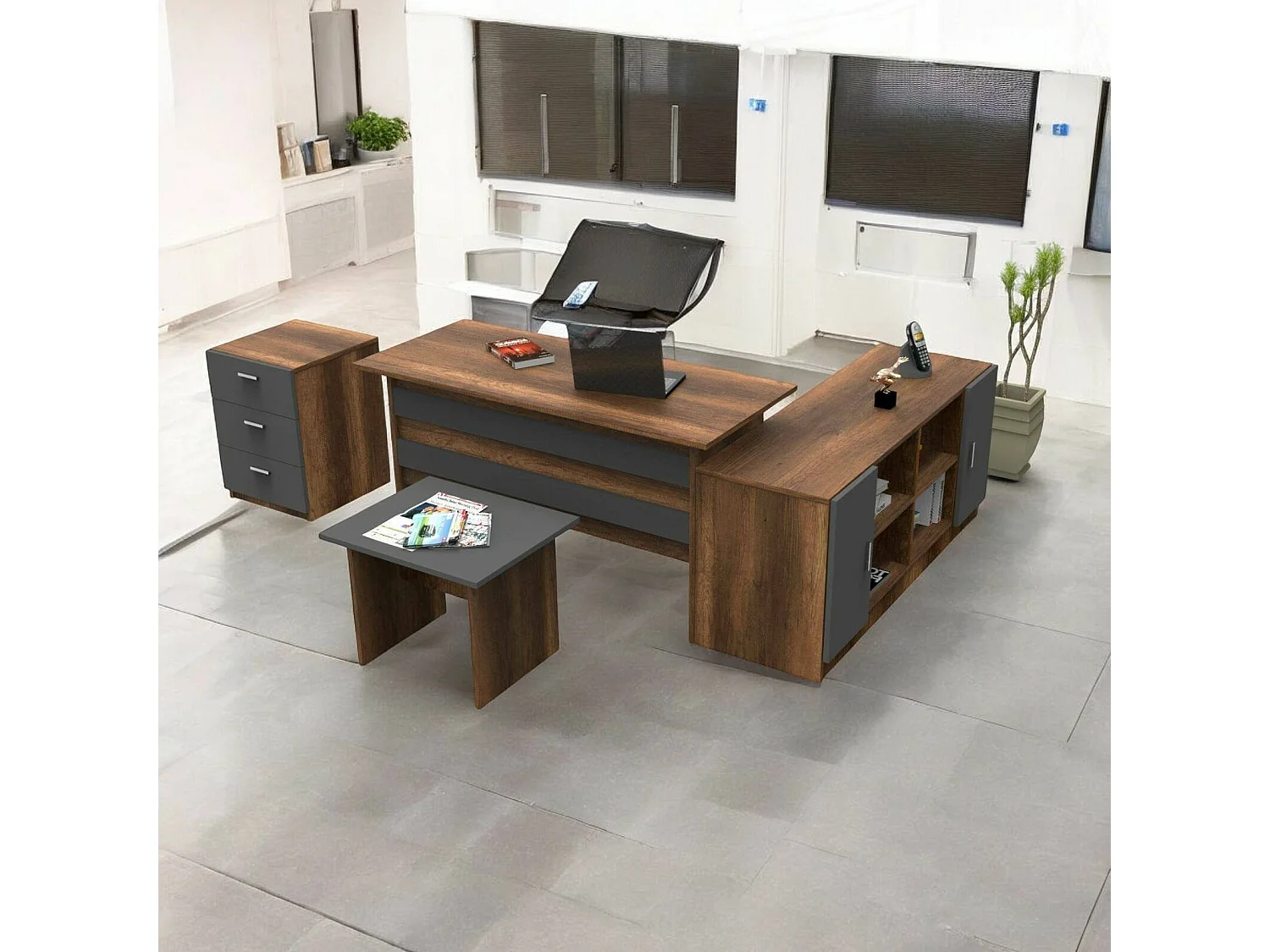 Set de bureau Dgiovannin, Composition du studio, Kit de bureau, Ensemble de bureau et de tiroirs, Noyer et Anthracite
