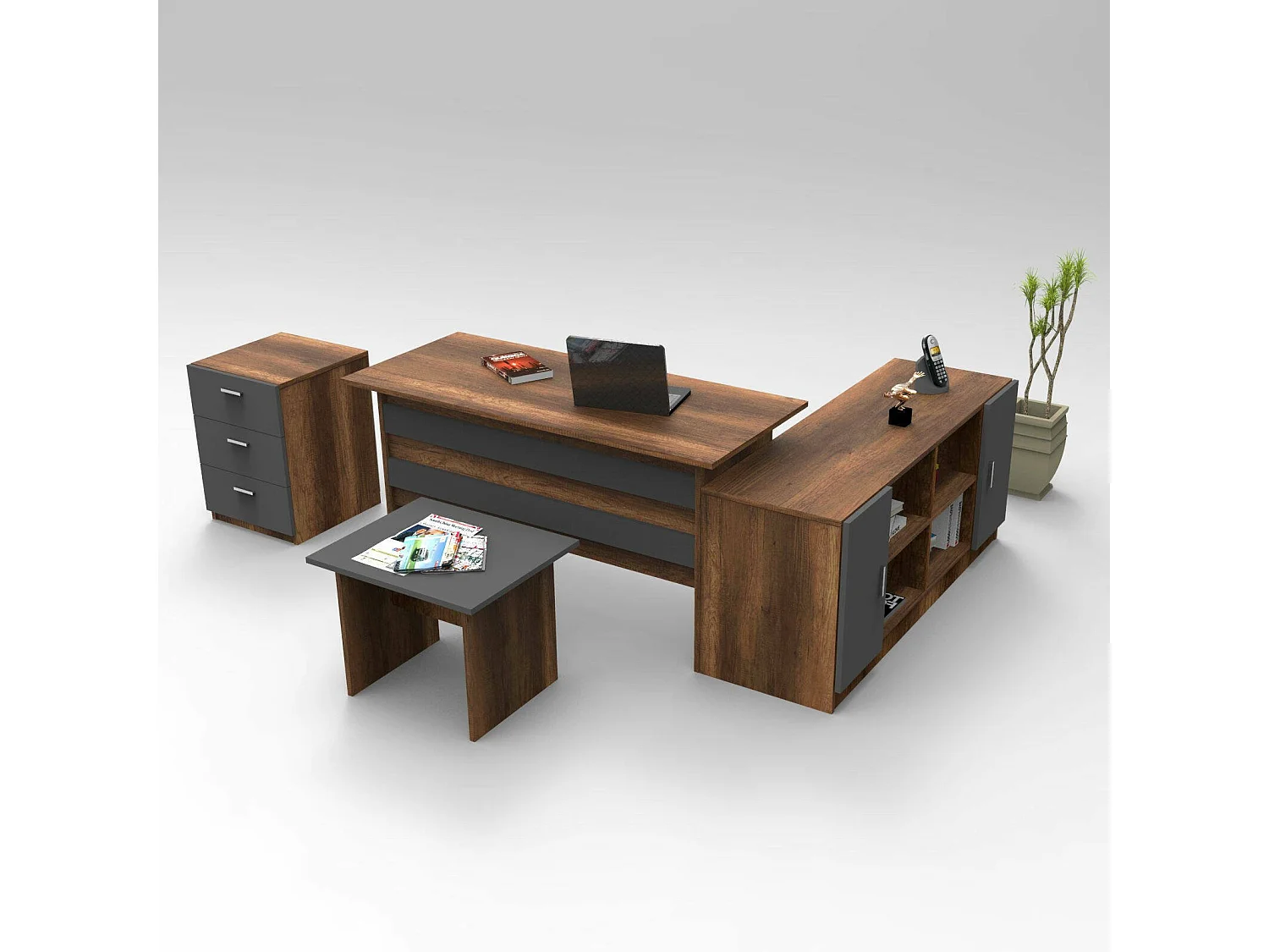 Conjunto de escritório Dgiovannin, Composição de estudo, Kit de escritório, Conjunto de secretária e cómoda, Nogueira e Antracite