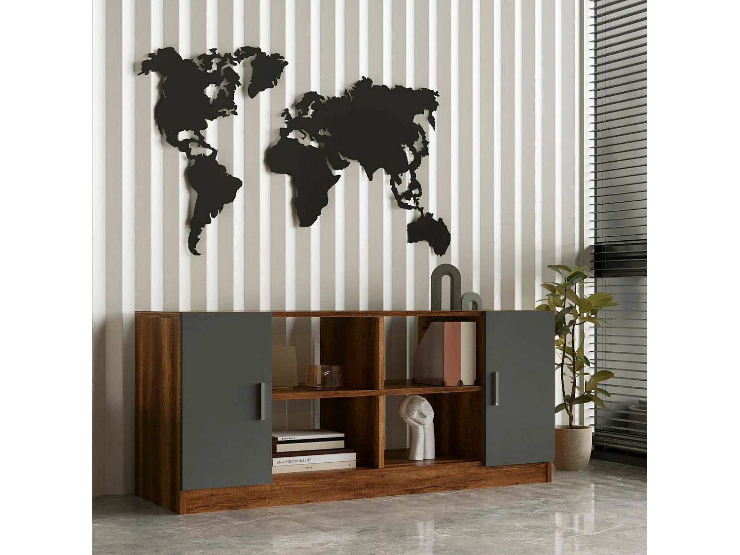 Conjunto de escritório Dgiovannin, Composição de estudo, Kit de escritório, Conjunto de secretária e cómoda, Nogueira e Antracite