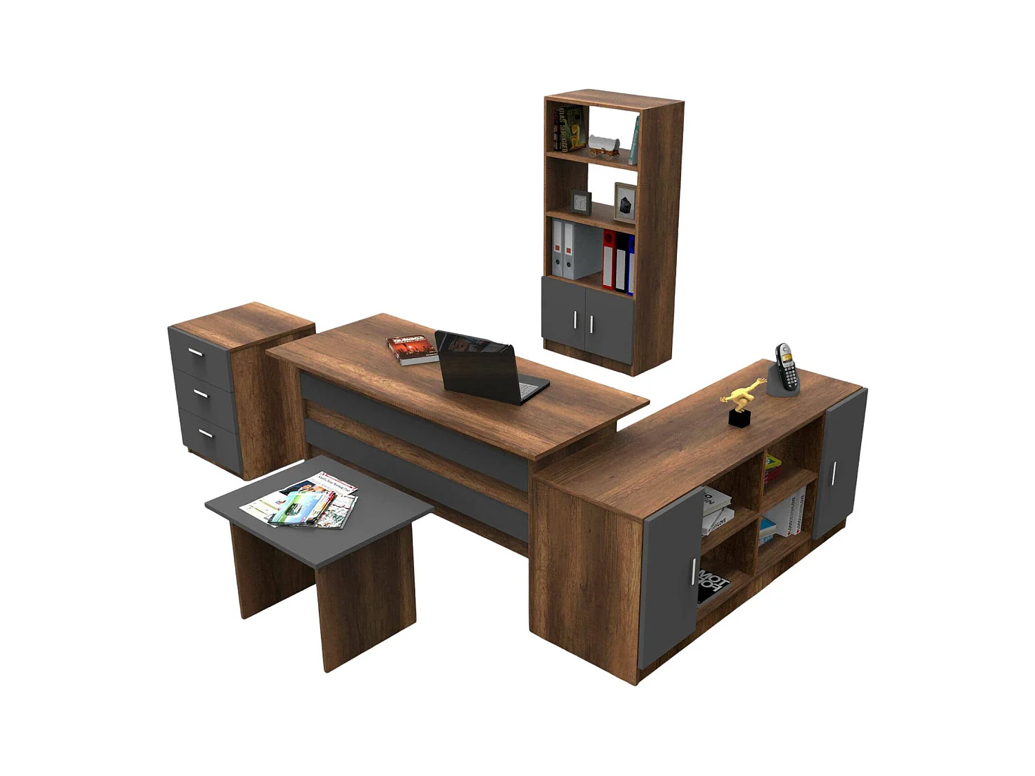 Set de bureau Drasmusse, Composition du studio, Kit de bureau, Ensemble de bureau et de tiroirs, Noyer et Anthracite