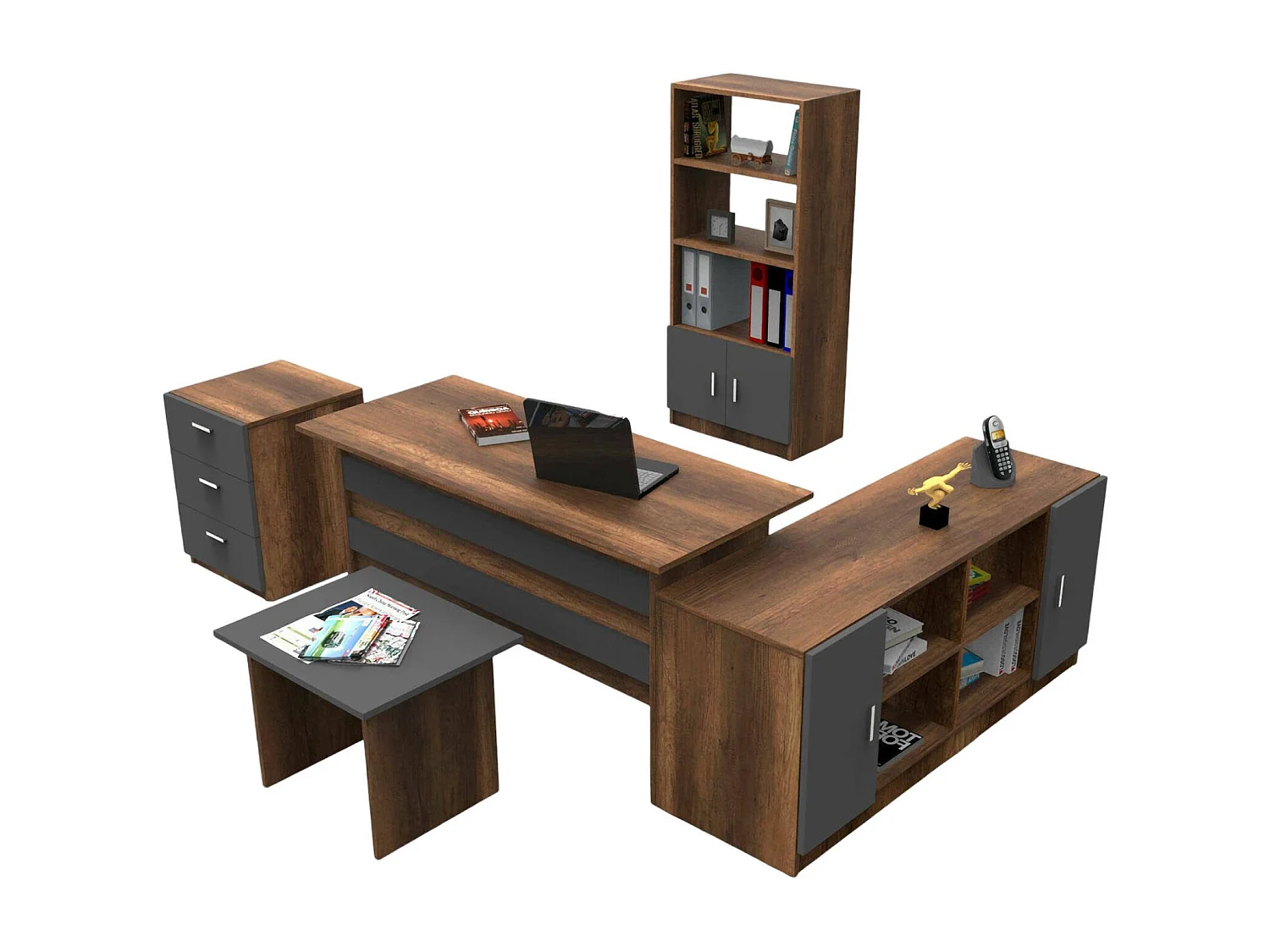 Set de oficina Drasmusse, Composición del estudio, Kit de oficina, Juego de escritorio y cajones, Nogal y Antracita