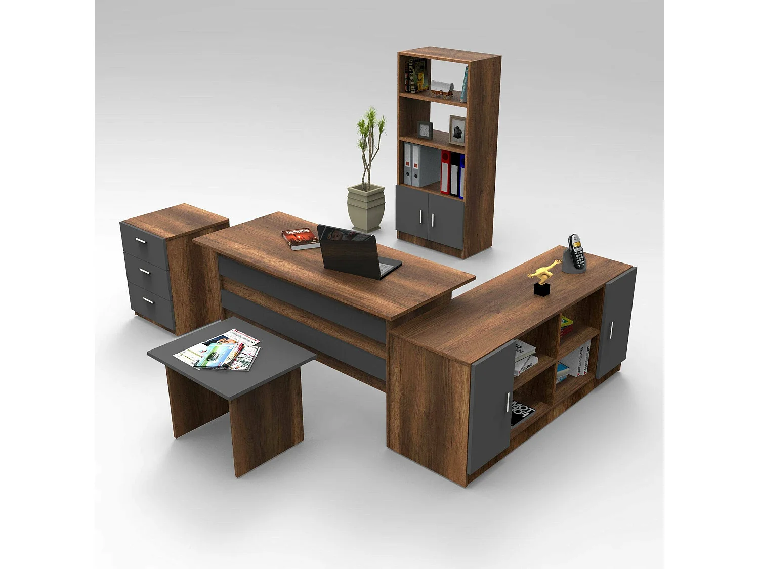 Set de oficina Drasmusse, Composición del estudio, Kit de oficina, Juego de escritorio y cajones, Nogal y Antracita