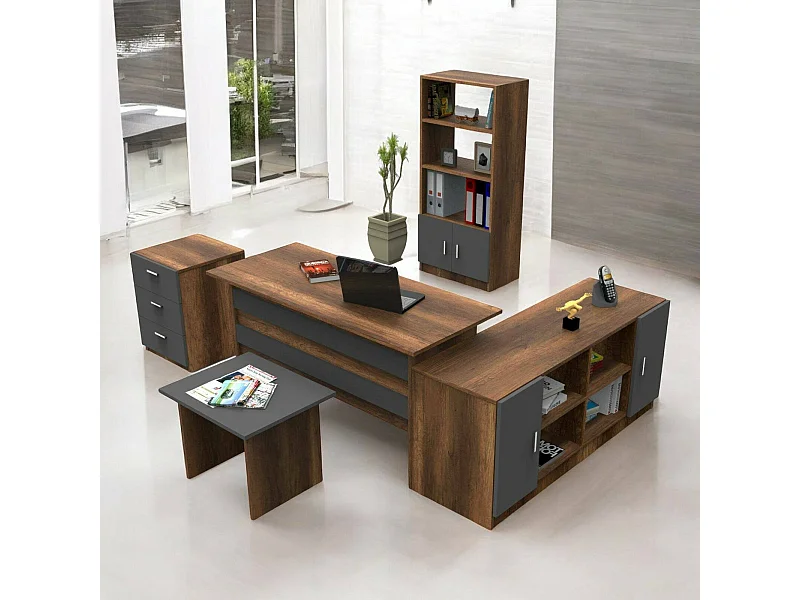 Conjunto de escritório Drasmusse, Composição de estudo, Kit de escritório, Conjunto de secretária e cómoda, Nogueira e Antracite