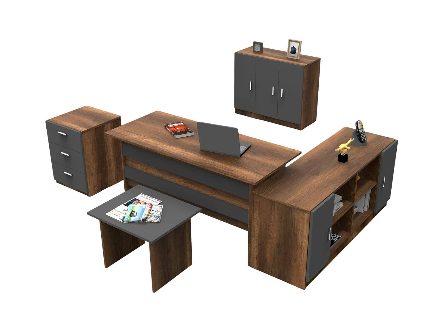 Set de bureau Djaroszynsk, Composition du studio, Kit de bureau, Ensemble de bureau et de tiroirs, Noyer et Anthracite
