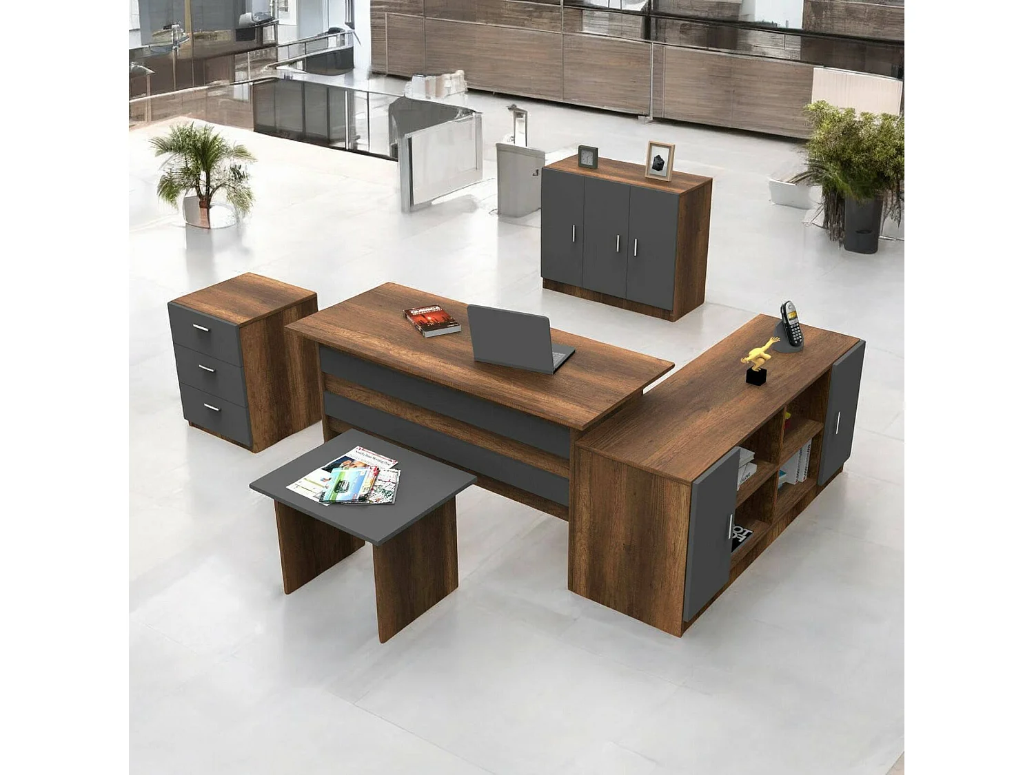 Set de bureau Djaroszynsk, Composition du studio, Kit de bureau, Ensemble de bureau et de tiroirs, Noyer et Anthracite