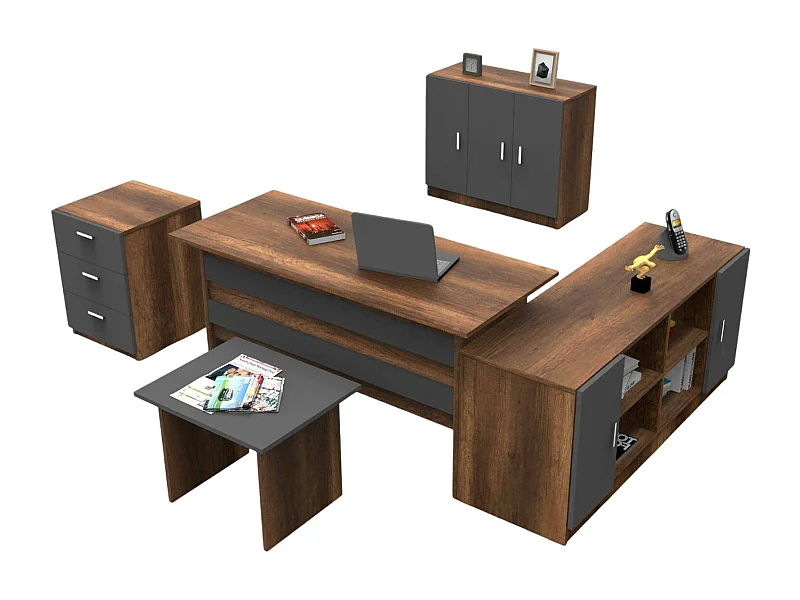 Set de bureau Djaroszynsk, Composition du studio, Kit de bureau, Ensemble de bureau et de tiroirs, Noyer et Anthracite