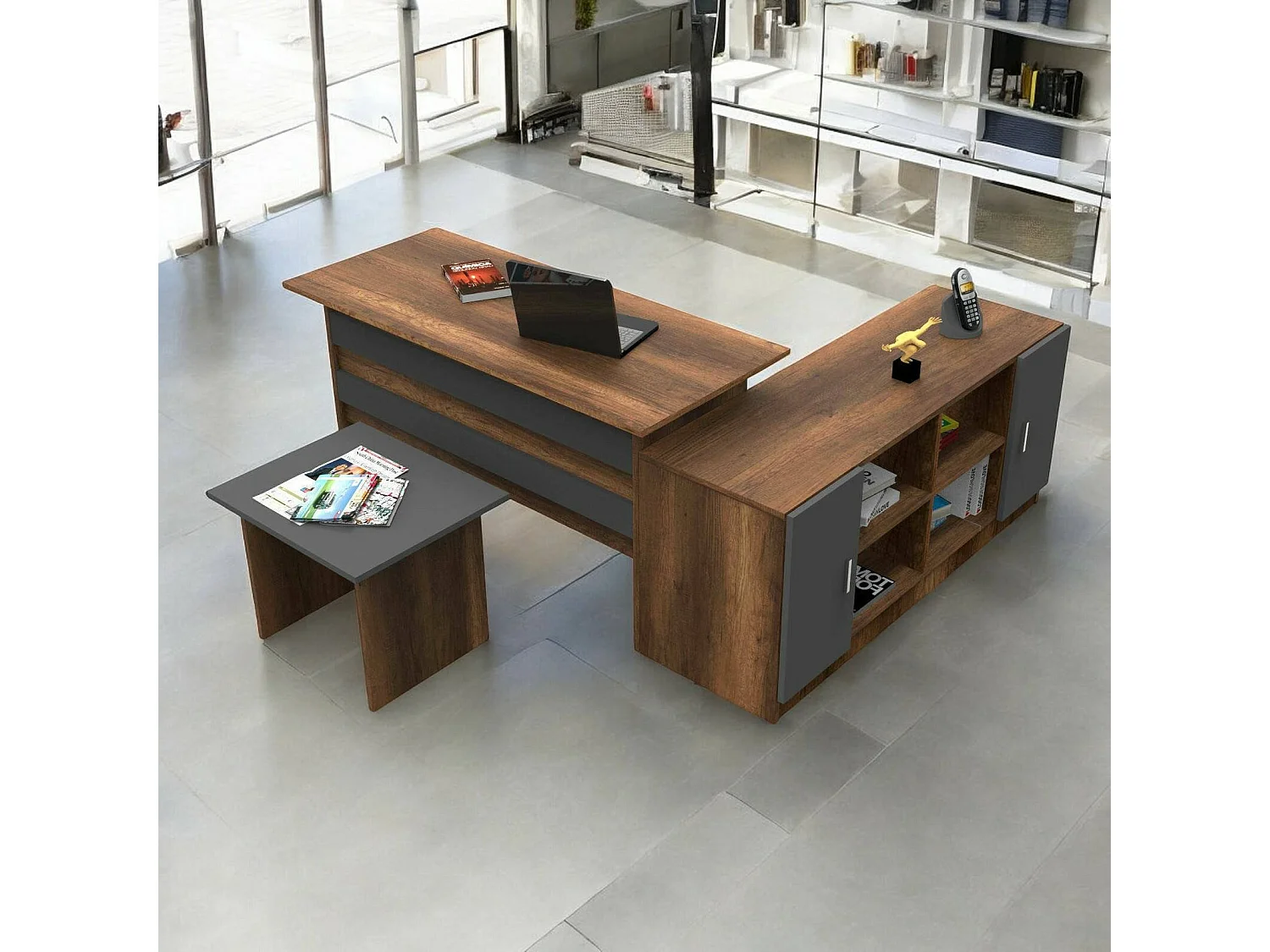 Dgiammarc bureauset, Studiecompositie, Bureauset, Bureau- en ladekastset, Walnoot en Antraciet