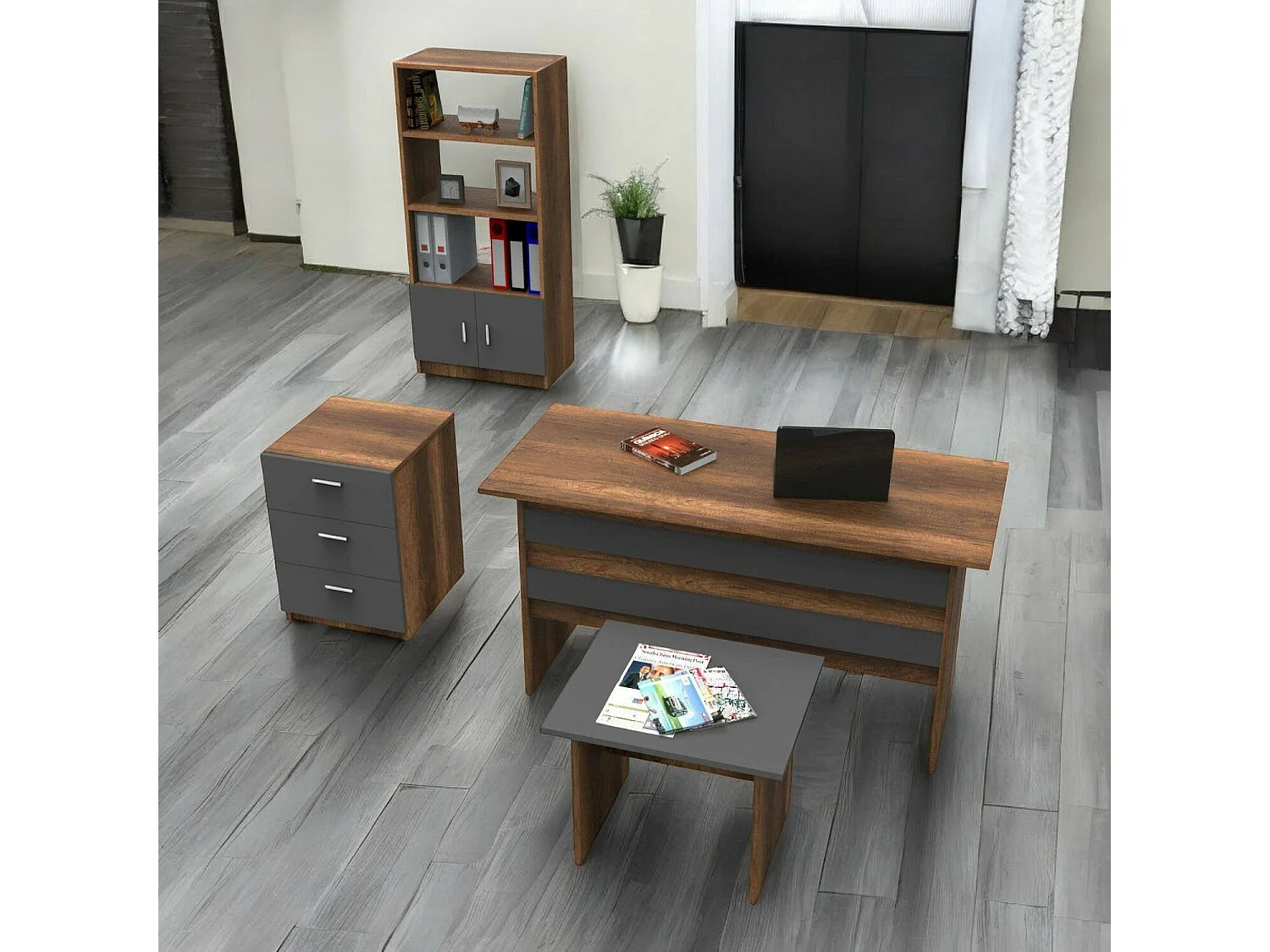 Set de bureau Dgiampagli, Composition du studio, Kit de bureau, Ensemble de bureau et de tiroirs, Noyer et Anthracite