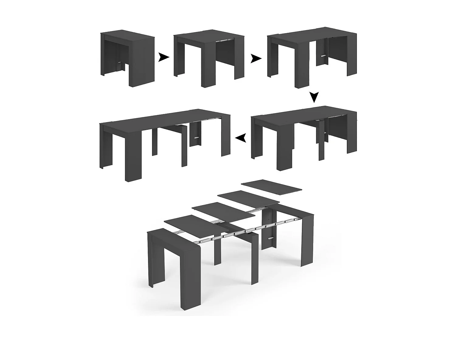 Consola extensível Diluna, Mesa de jantar extensível, Prateleira com extensões multiusos extensíveis até 10 lugares, 51/237x90h78 cm, Antracite