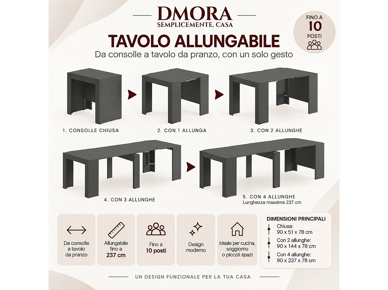 Table console à rallonge Diluna, Table à manger extensible, Table avec rallonges polyvalentes extensible jusqu'à 10 places, 51/237x90h78 cm, Anthracite