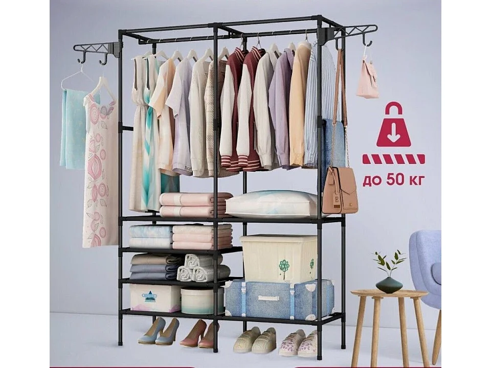 Moderne dubbele stangkapstok met haken, vrijstaande kledingkast, kledingrek, opberggarderobe - 108x36x170cm - zwart