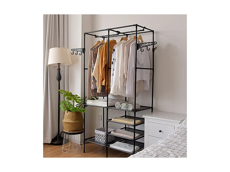 Moderne dubbele stangkapstok met haken, vrijstaande kledingkast, kledingrek, opberggarderobe - 108x36x170cm - zwart