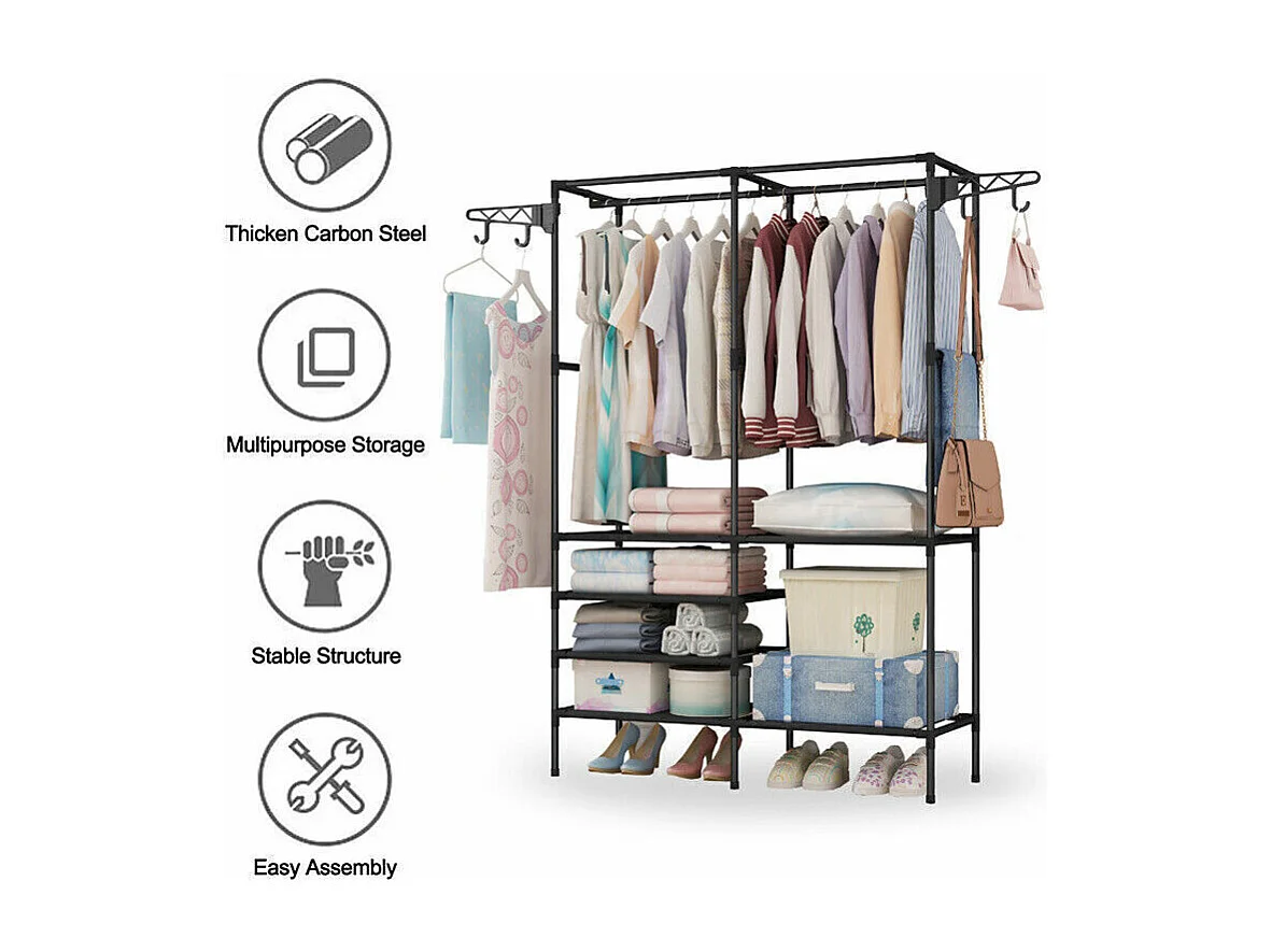 Porte-Vêtements Métallique 4 en 1, avec 6 étagères, 2 Tringles et crochets, 108x36x170cm