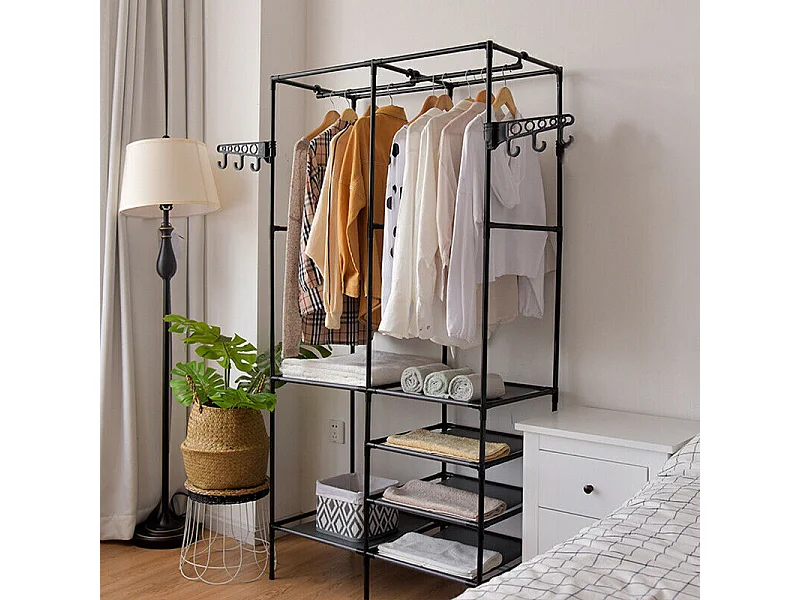 Porte-Vêtements Métallique 4 en 1, avec 6 étagères, 2 Tringles et crochets, 108x36x170cm
