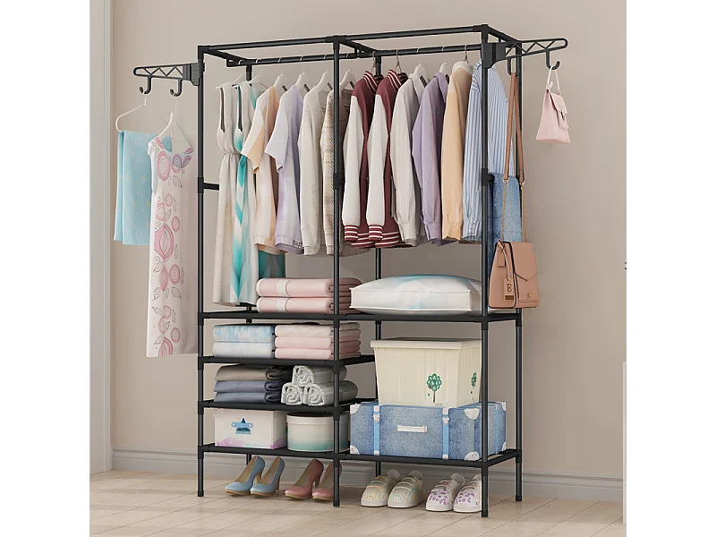 Porte-Vêtements Métallique 4 en 1, avec 6 étagères, 2 Tringles et crochets, 108x36x170cm