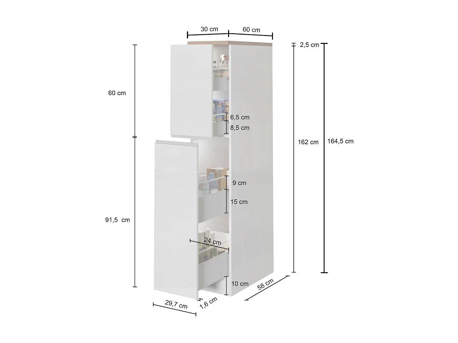 Küchenschrank Dcasiragh, Mehrzweckschrank, Küchenzeile Schrank, Multifunktionales Kühlregal, 100 % Made in Italy, 30 x 60 x 165 cm, glänzendes WeiÃŸ und Eiche