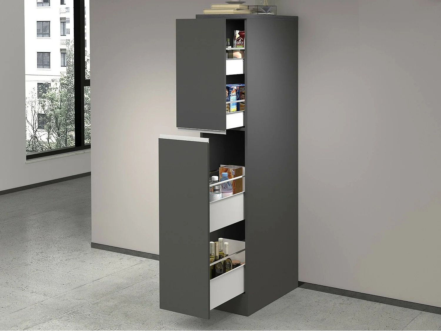 Despensa de cocina Dcasiragh, Armario multiusos, Mueble cocina, Soporte multifuncional para frigorífico, 100% Made in Italy, 30x60h165 cm, Antracita y Pizarra