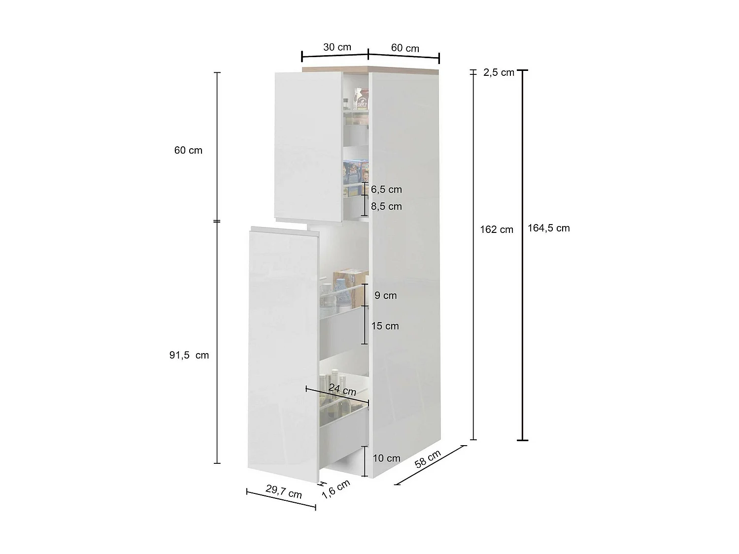 Despensa de cocina Dcasiragh, Armario multiusos, Mueble cocina, Soporte multifuncional para frigorífico, 100% Made in Italy, 30x60h165 cm, Blanco brillo y pizarra