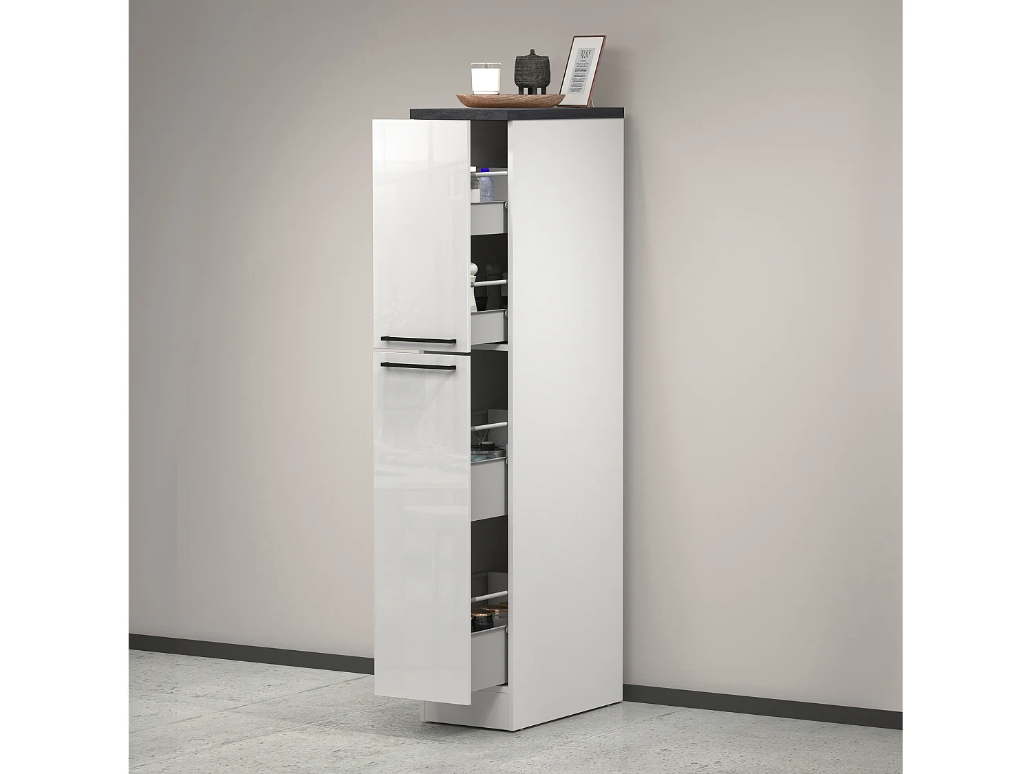 Küchenschrank Dcasiragh, Mehrzweckschrank, Küchenzeile Schrank, Multifunktionales Kühlregal, 100 % Made in Italy, 30 x 60 x 165 cm, glänzendes WeiÃŸ und Schiefer