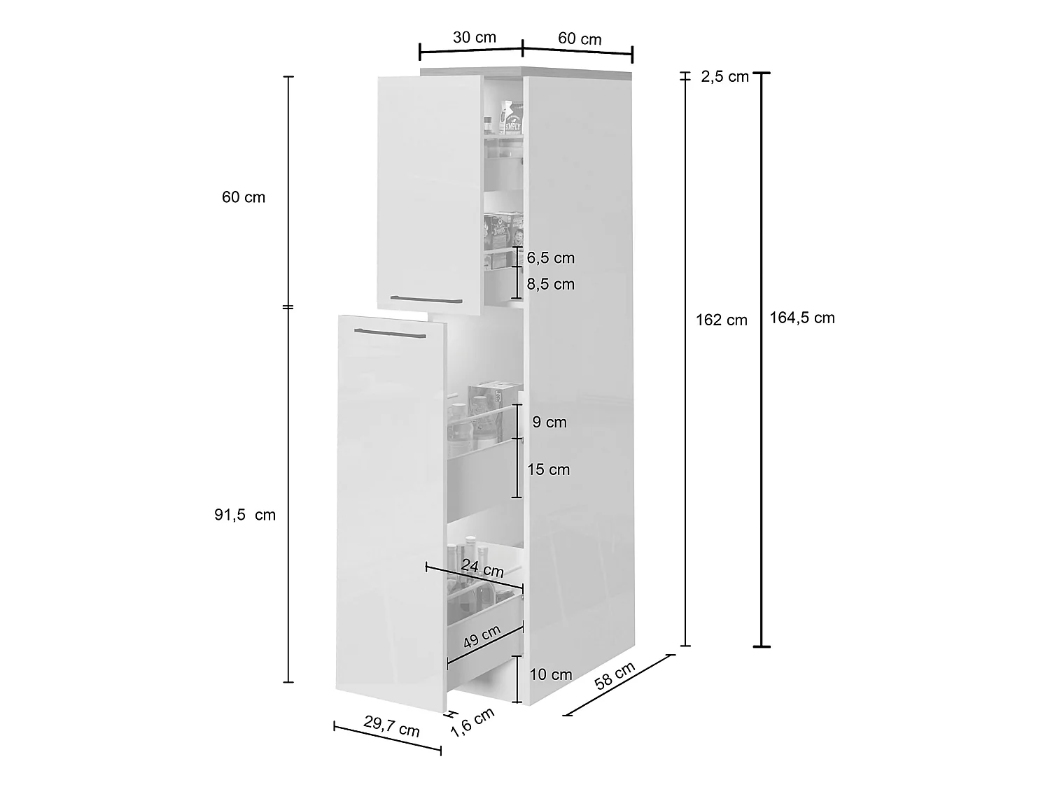 Küchenschrank Dcasiragh, Mehrzweckschrank, Küchenzeile Schrank, Multifunktionales Kühlregal, 100 % Made in Italy, 30 x 60 x 165 cm, glänzendes WeiÃŸ und Schiefer
