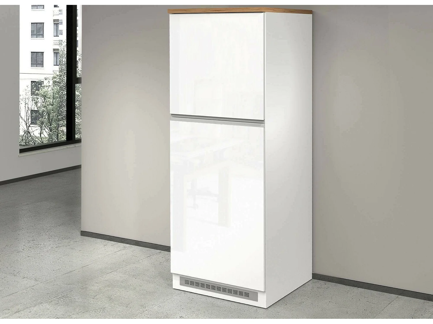 Dcasasol keukenkast, multifunctionele kledingkast, kitchenettekast, multifunctionele koelkasthouder, 100% Made in Italy, 60x60h165 cm, glanzend wit en eiken