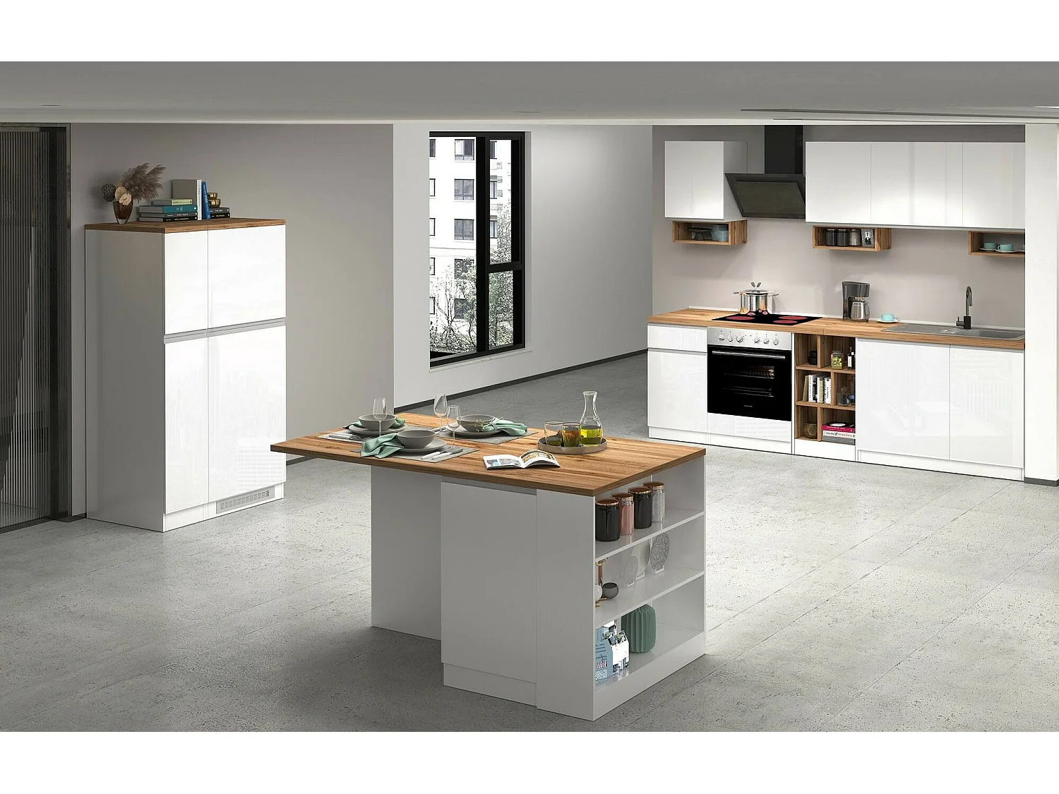 Buffet de Cuisine Dcasasol, Armoire polyvalente, Meuble de kitchenette, Support réfrigérateur multifonctionnel, 100% Made in Italy, 60x60h165 cm