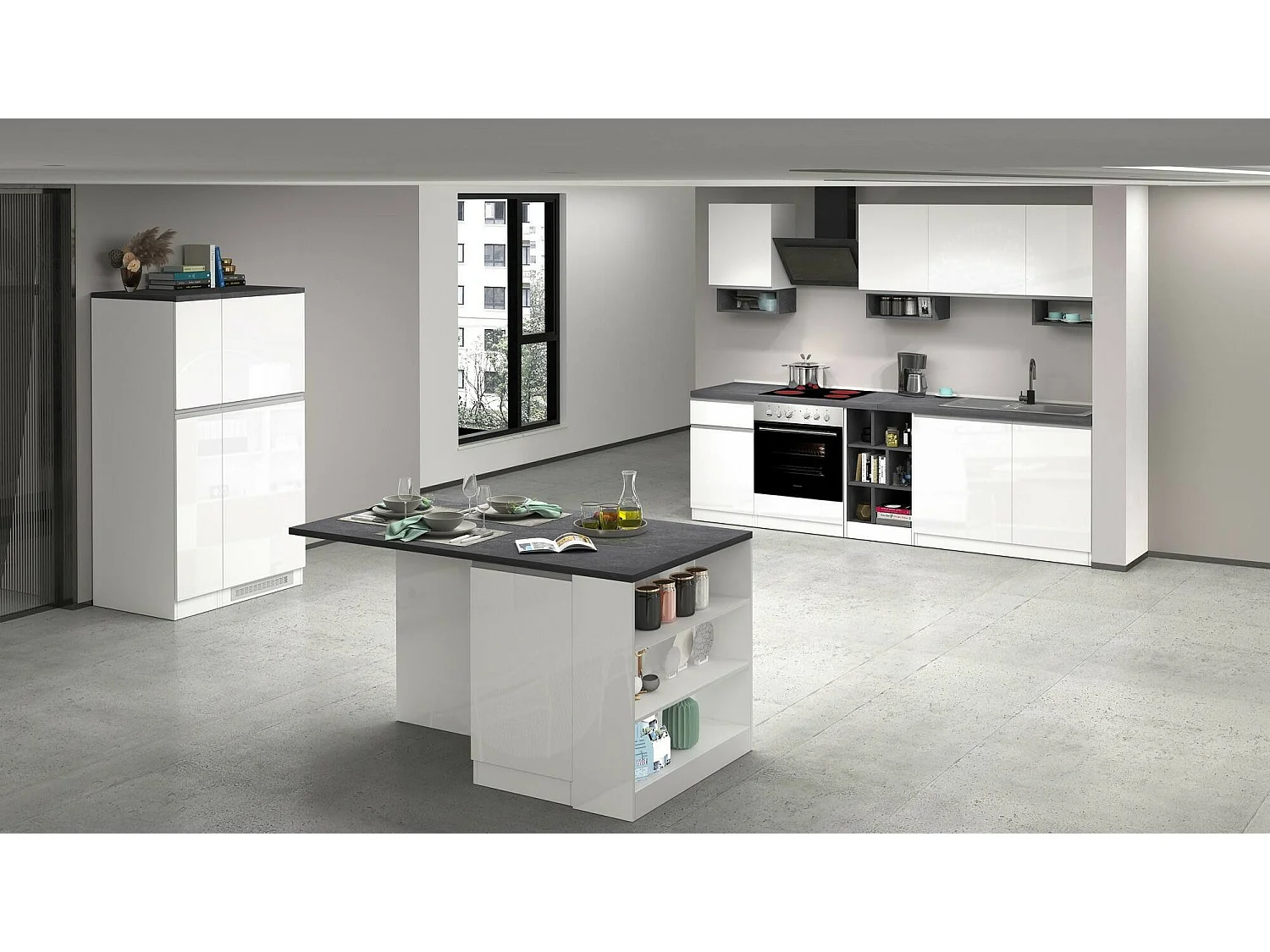 Dispensa da Cucina Mesarthim, 2 Ripiani Made in Italy, 60x60x165h cm Bianco Lucido