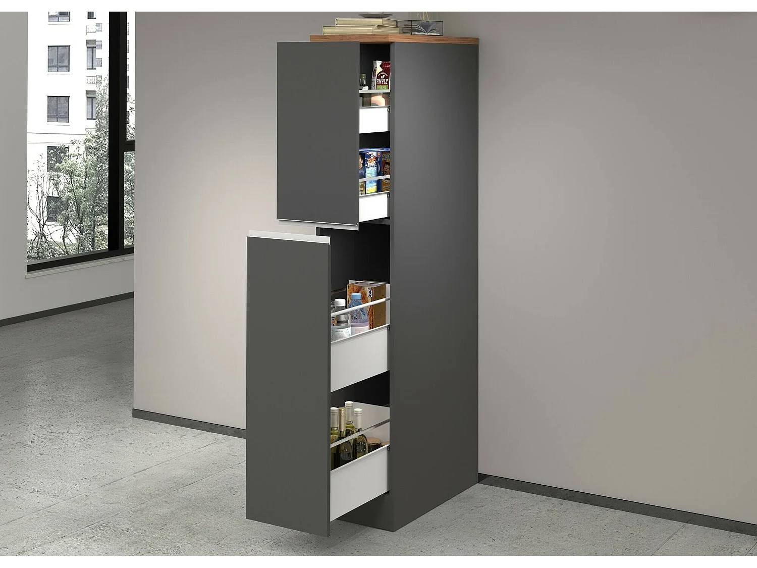 Küchenschrank Dcasiragh, Mehrzweckschrank, Küchenzeile Schrank, Multifunktionales Kühlregal, 100 % Made in Italy, 30 x 60 x 165 cm, Anthrazit und Eiche