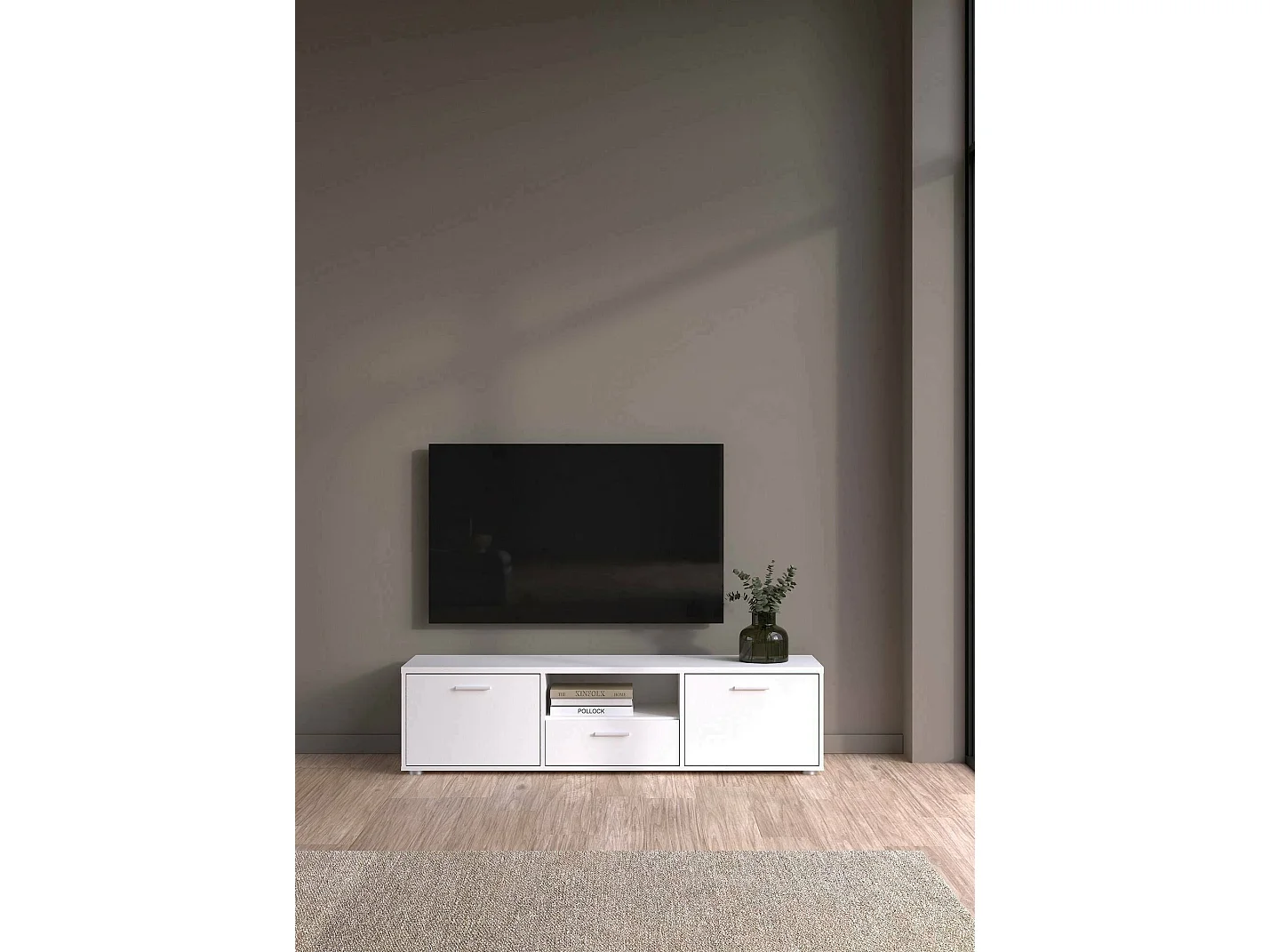 Meuble TV Dthorsb, Buffet de salon, Armoire basse pour TV, Base murale de rangement, 147x40 h38 cm, Blanc