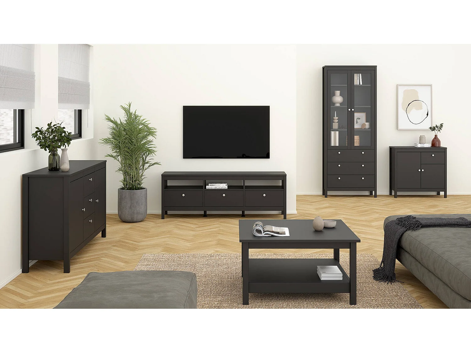 Móvel TV Dtofan, Aparador de sala, Móvel baixo para TV, Base de parede equipada, 151x38 h54 cm, Preto