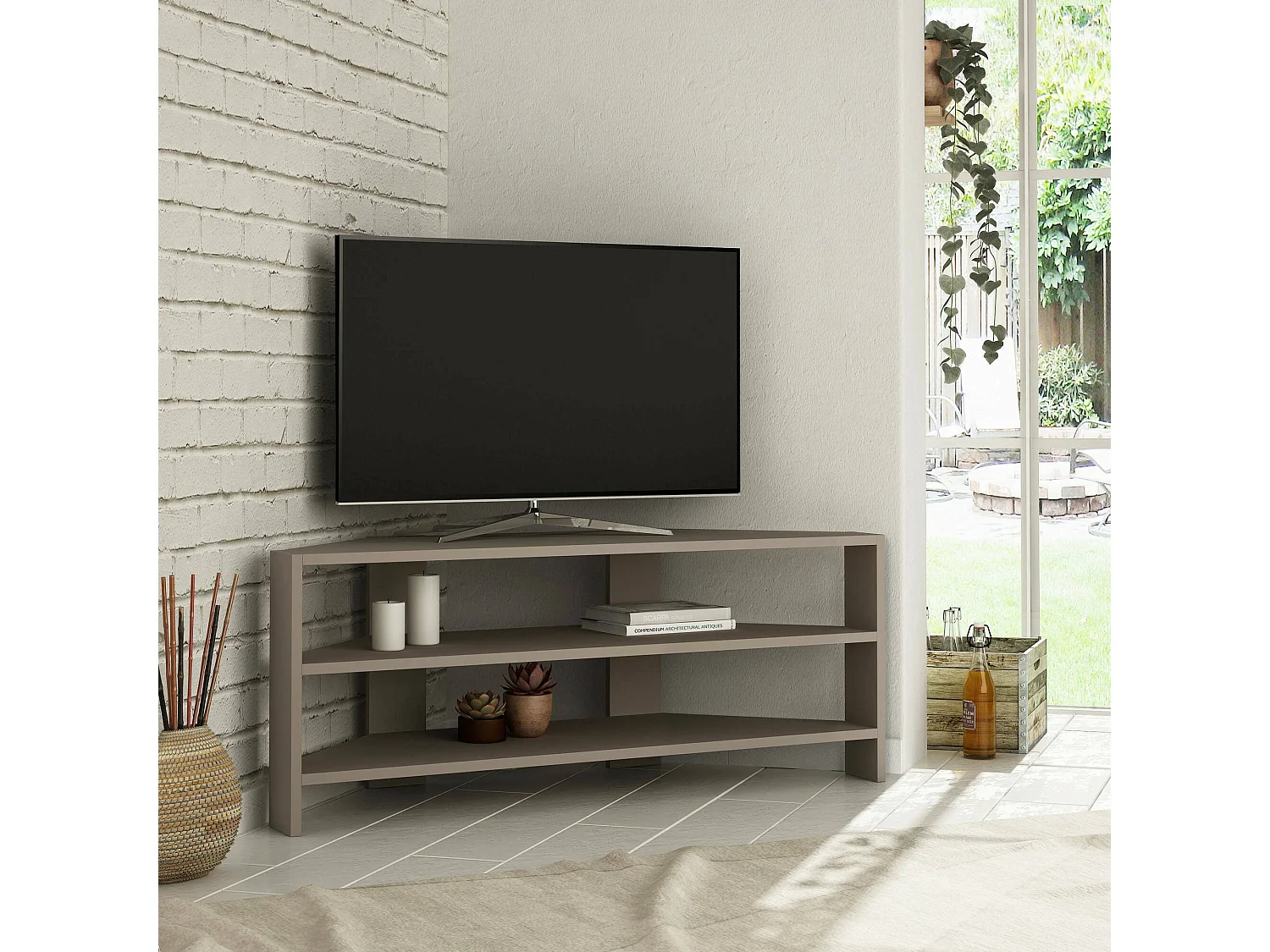 Meuble TV Dpossanzin, Buffet de salon, Armoire basse pour TV, Base murale de rangement, 114x36 h45 cm, Beige