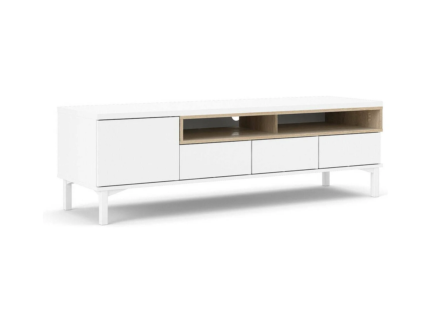 Meuble TV Dtoffani, Buffet de salon, Armoire basse pour TV, Base murale de rangement, 156x48 h48 cm, Blanc et chêne