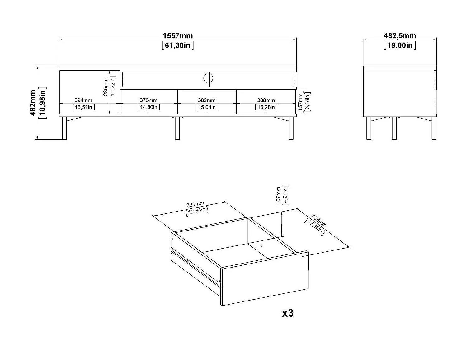 Dtoffani TV-meubel, Woonkamerdressoir, Lage tv-kast, Uitgeruste muurbasis, 156x48 h48 cm, Wit en Eiken