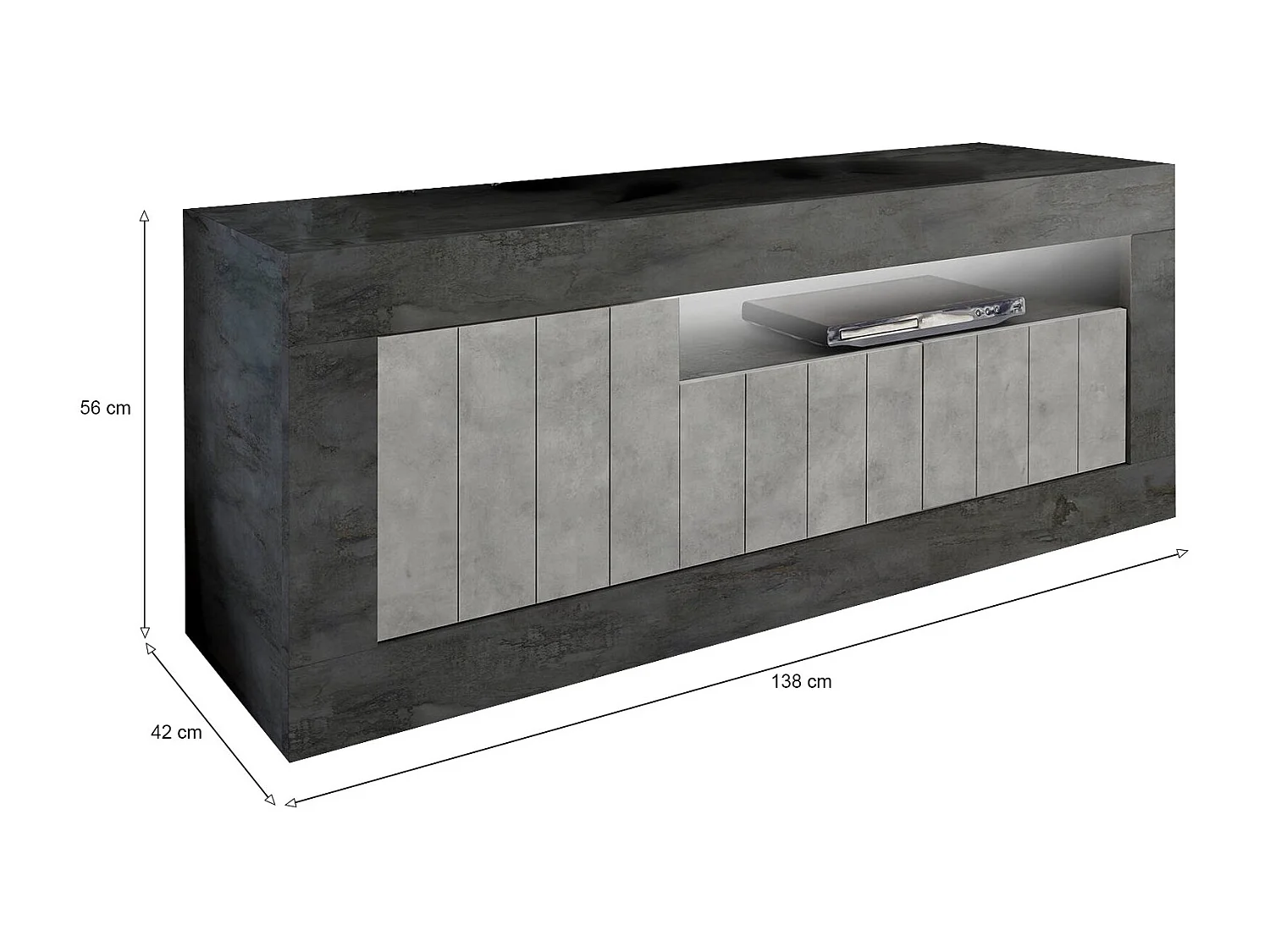 Fernsehschrank Dmurra, TV-Ständer für das Wohnzimmer, Niedriges Sideboard, TV-Ständer, Made in Italy, 138x42 h56 cm, Schiefer und Zement