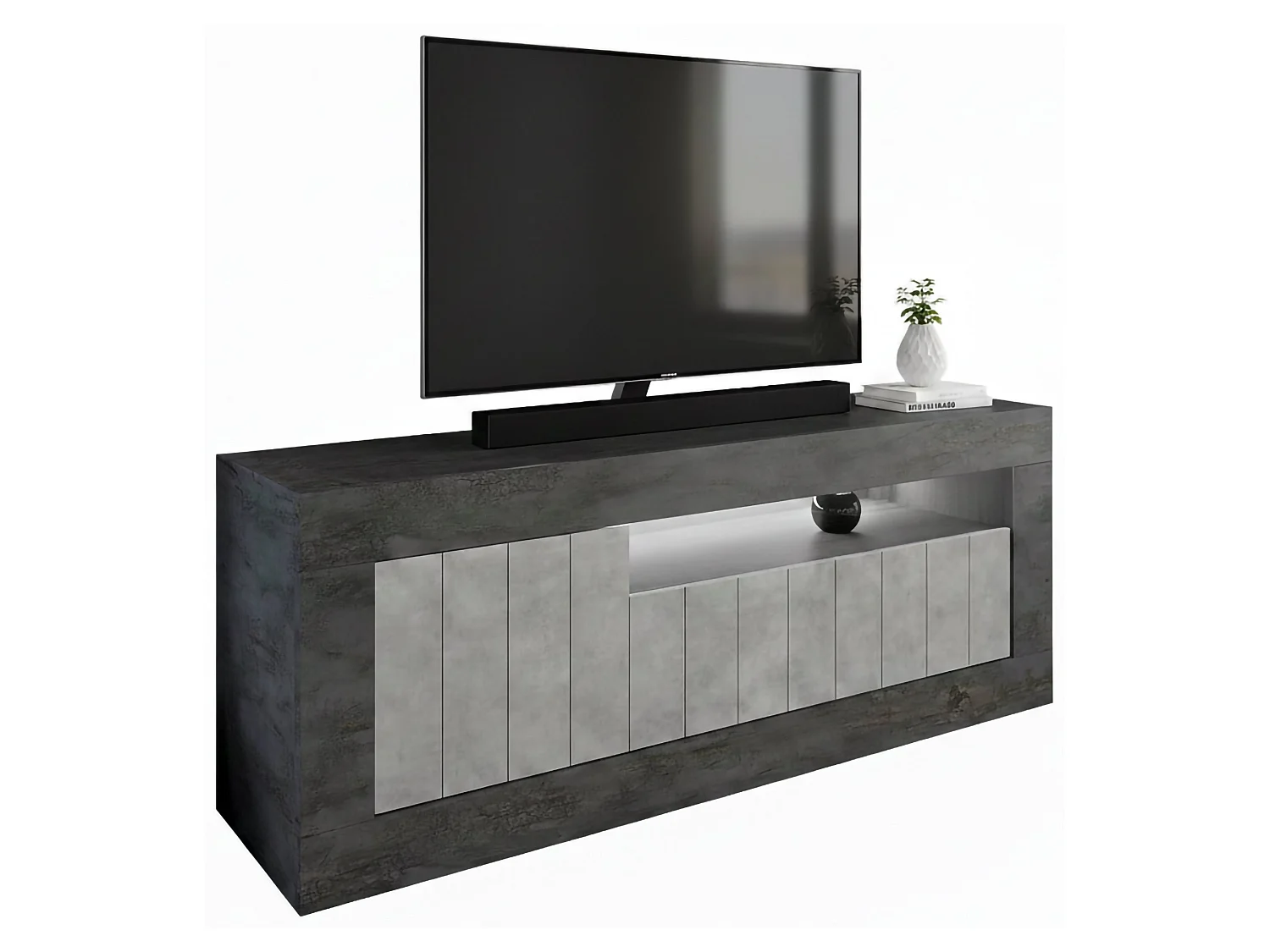 Meuble TV Dmurra, Buffet de salon, Armoire basse pour TV, Base murale de rangement, Made in Italy, 138x42 h56 cm, Ardoise et Ciment